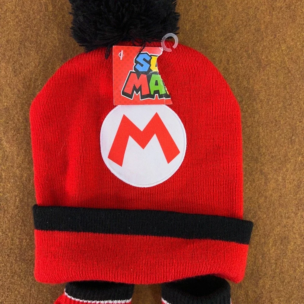 Nintendo Super Mario Boys One Size Red 3 Piece Beanie & Glove Set NWT